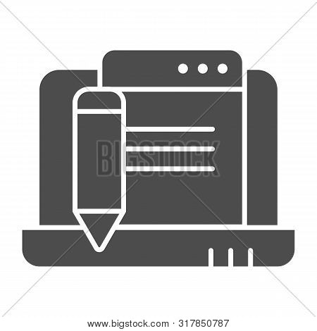 Laptop With Pencil Solid Icon. Digital Electronic Signature Vector Illustration Isolated On White. C