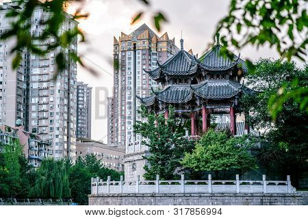 Scenic View Of The Hejiang Pavilion A Love Symbol At Sunset In Chengdu Sichuan China
