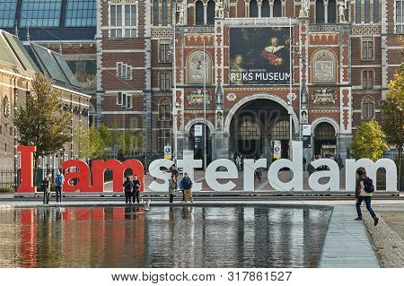 The Rijksmuseum Amsterdam Museum Area With The Words Iamsterdam In Amsterdam, Netherlands