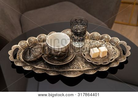 Turkish Coffee And Lokum On Silver Plate