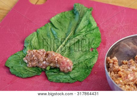 Raw Meat Inside Grape Leaf