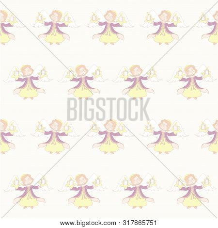 Endless Pattern Angel With Flame Candles Violet Yellow Hand Drawn Cute Cartoon Stock Vector Illustra