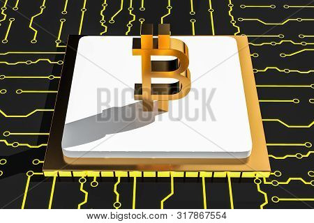 Glowing Bitcoin On Circuit Background