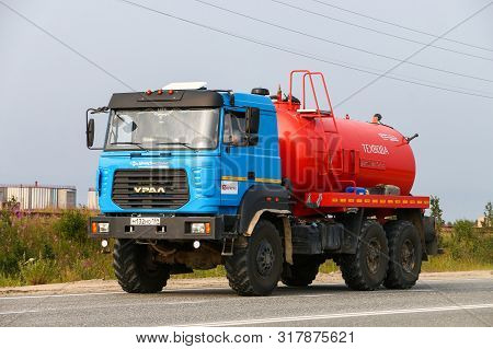 Novyy Urengoy, Russia - July 30, 2019: Sanitary Truck Ural 4320-m At The Interurban Road.