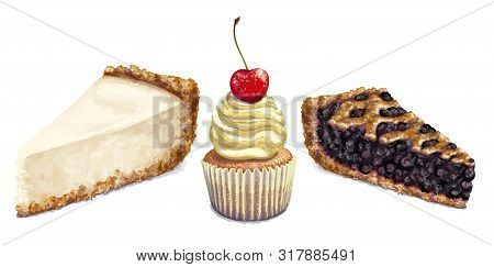 Vector Isolated Pattern, Cheesecake, Crumbly Gentle Wet Biscuit Cupcake With A Stunning Cream Soft A