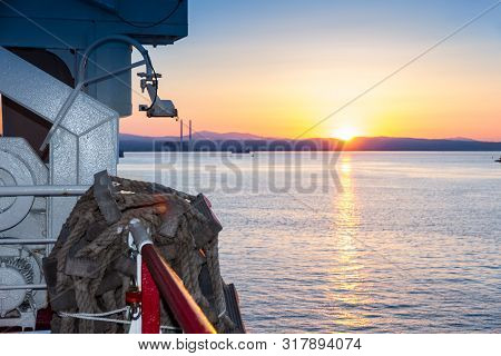 Piombino Channel Crossing With Ferry Boat In Summer