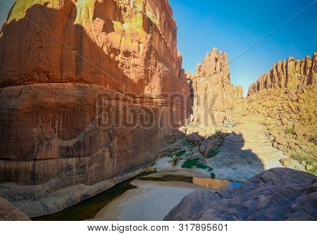 Panorama Inside Canyon Aka Guelta D'archei In East Ennedi, Chad