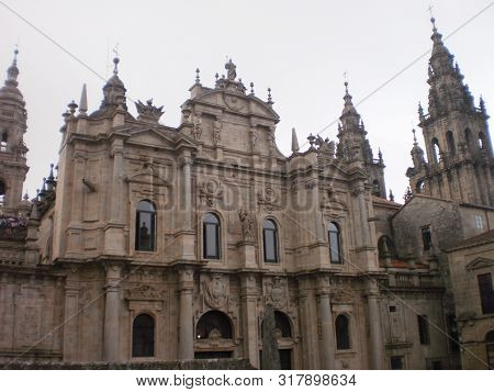 Main Facade Of The Cathedral In Santiago De Compostela. August 7, 2012. Santiago Coruna Galicia, Spa