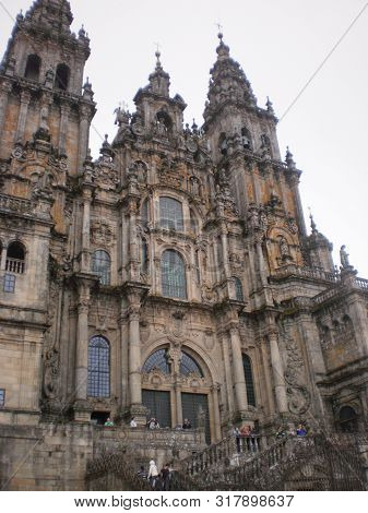 Main Facade Of The Cathedral In Santiago De Compostela. August 7, 2012. Santiago Coruna Galicia, Spa