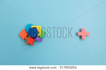 Top View Colorful Wooden Building Blocks With Different Shapes For Developing And Entertainment Of C
