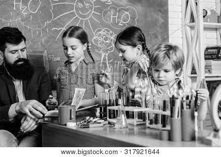 Students Doing Science Experiments With Microscope In Lab. School Kids Scientist Studying Science. H