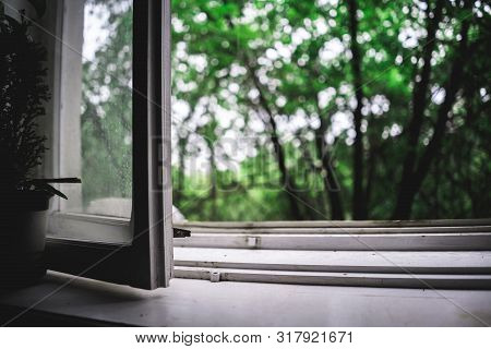 Nostalgic Concept, Opened Window In Cozy Walm Home While It Rains Outdoor