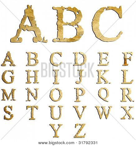 High resolution conceptual vintage old paper set of font isolated on beige background for retro,antique,abstract,decorative,type,medieval,baroque,classical,burn,aged,damaged,character or typesets