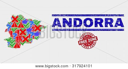 Symbol Mosaic Andorra Map And Seal Stamps. Red Rounded Free Zone Scratched Seal. Bright Andorra Map 
