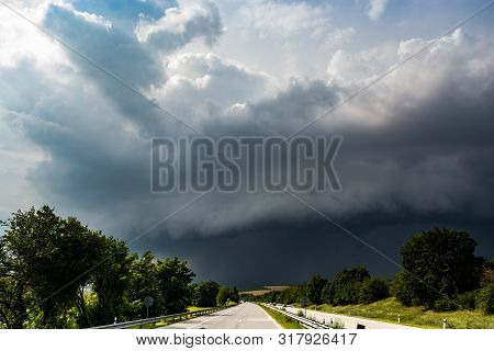 Shelf Cloud With Storm Above Highway In Czech Republic
