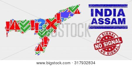 Symbolic Mosaic Assam State Map And Seal Stamps. Red Rounded No Signal Distress Seal Stamp. Colorful