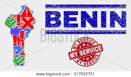 Sign Mosaic Benin Map And Seals. Red Rounded My Service Textured Seal Stamp. Colorful Benin Map Mosa