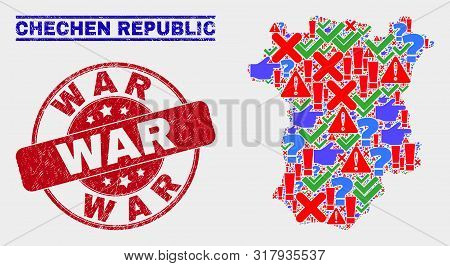 Symbolic Mosaic Chechen Republic Map And Seal Stamps. Red Rounded War Scratched Seal. Bright Chechen