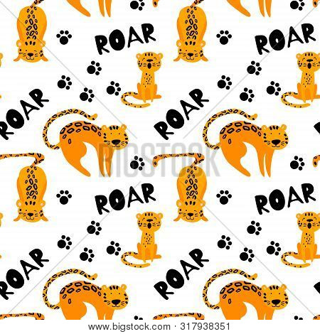 Seamless Pattern With Cute Leopards, Lettering And Trails. Cartoon Animals Isolated On White Backgro