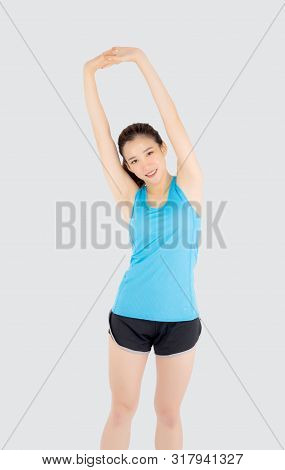 Beautiful Young Asian Woman In Sport Standing Stretch Muscle Arm Workout With Healthy Isolated On Wh