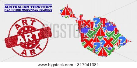 Symbolic Mosaic Heard And Mcdonald Islands Map And Seal Stamps. Red Rounded Art Textured Seal. Color