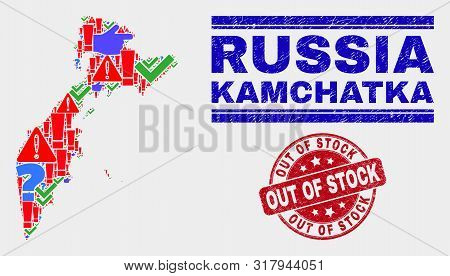 Symbolic Mosaic Kamchatka Map And Seal Stamps. Red Rounded Out Of Stock Textured Seal Stamp. Bright 