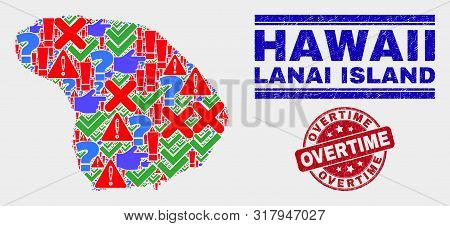 Sign Mosaic Lanai Island Map And Seal Stamps. Red Rounded Overtime Scratched Seal Stamp. Colorful La