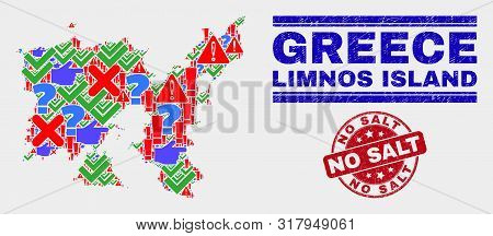 Sign Mosaic Limnos Island Map And Seal Stamps. Red Rounded No Salt Textured Seal. Colored Limnos Isl