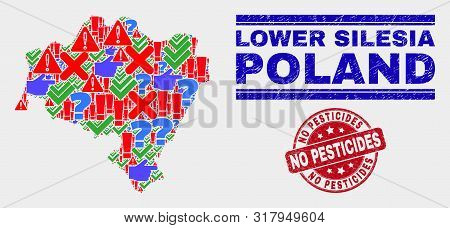 Sign Mosaic Lower Silesia Province Map And Seal Stamps. Red Round No Pesticides Distress Seal. Color