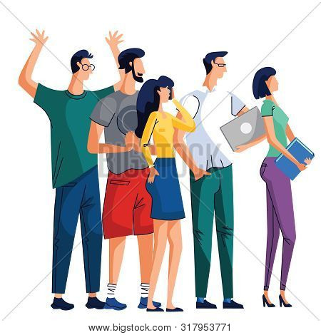 Group Of People, Men And Women, Rejoicing Office Workers Are Standing Together, Happy Man Threw Up H