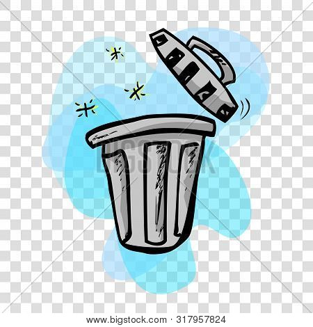Vector Outline Hand Draw Sketch Of Gray Clean And Tidy Trash Bin, With Abstract Blue Wave At Transpa