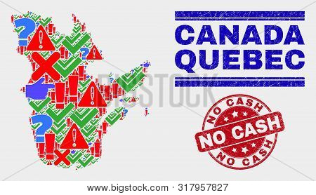 Symbolic Mosaic Quebec Province Map And Seal Stamps. Red Round No Cash Textured Seal Stamp. Colored 