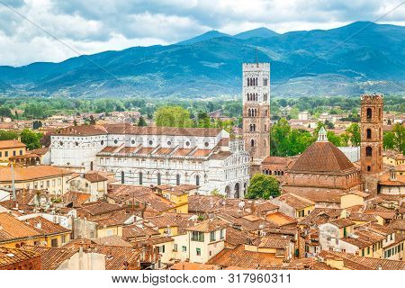 Top View Of The Lucca City In Tuscany, Italy, Europe.