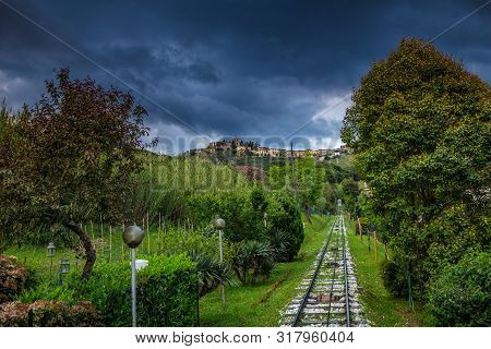 Funicular Track To Montecatini Alto - Medieval Village Above Montecatini Terme Town In Tuscany, Ital
