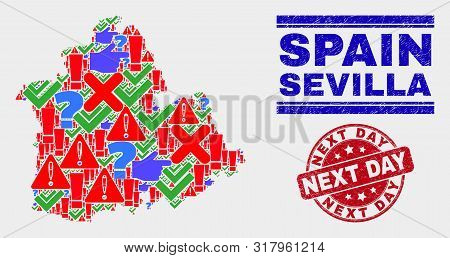 Symbolic Mosaic Sevilla Province Map And Seal Stamps. Red Round Next Day Textured Seal Stamp. Colorf