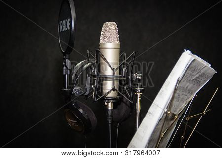 Moscow, Russia - July 30, 2019: Musical Equipment. Professional Condenser Rode Company Microphone In
