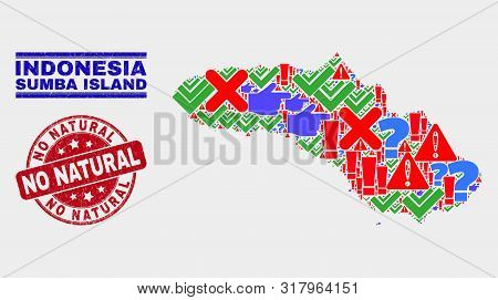 Symbolic Mosaic Sumba Island Map And Seal Stamps. Red Rounded No Natural Grunge Seal Stamp. Colorful