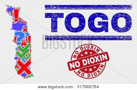Symbol Mosaic Togo Map And Seal Stamps. Red Rounded No Dioxin Scratched Seal Stamp. Colored Togo Map