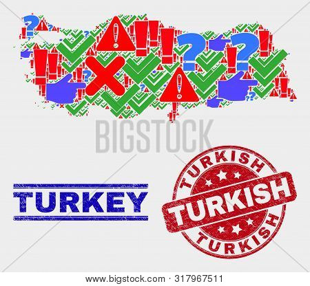 Symbolic Mosaic Turkey Map And Seal Stamps. Red Round Turkish Scratched Seal. Bright Turkey Map Mosa
