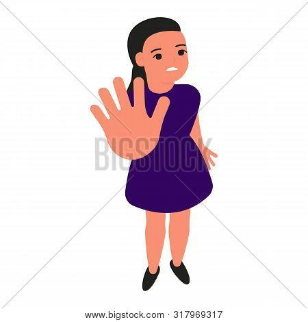 Frightened Sad Girl Holds Hand, Restricting Gesture, Stop Symbol. Violence, Abuse Against Children. 