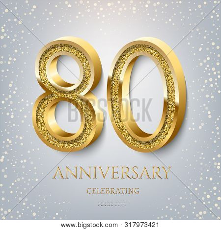 80th Anniversary Celebrating Golden Text And Confetti On Light Blue Background. Vector Celebration 8