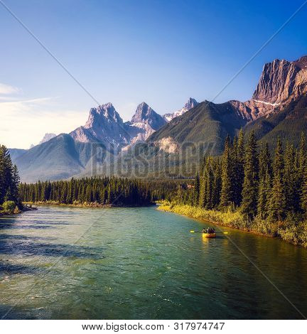 Rafting On The Bow River In Banff National Park Near Canmore In The Summer, Canadian Rockies, Albert