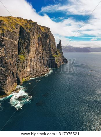 Aerial View Of The Trollkonufingur Rock, Also Called The Witchs Finger On The Island Of Vagar. Troll