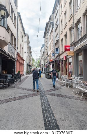 Luxembourg, Luxembourg - June 5, 2019: Small Narrow Street Rue Chimay With Shops And Restaurants.