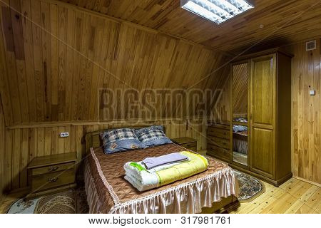 Grodno, Belarus -  August 2019: Living Bedroom On Attic Of Wooden Vacation Eco House