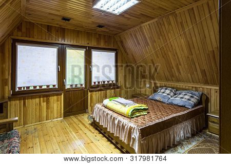 Grodno, Belarus -  August 2019: Living Bedroom On Attic Of Wooden Vacation Eco House