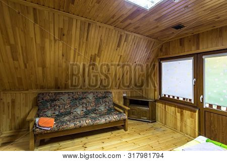 Grodno, Belarus -  August 2019: Living Bedroom On Attic Of Wooden Vacation Eco House