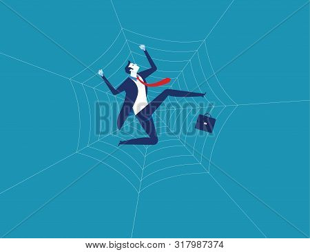 Businessman And Spider Web. Concept Business Character Vector Illustration. Flat Design Style.