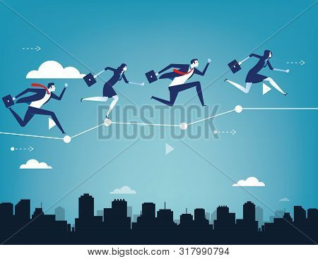 Business Team Balancing On Business Chart. Concept Business Success Vector Illustration. Flat Charac