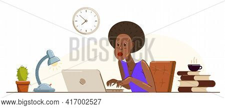 Young African Ethnicity Woman Alarmed In Problem Working On A Project In Stress Vector Flat Illustra